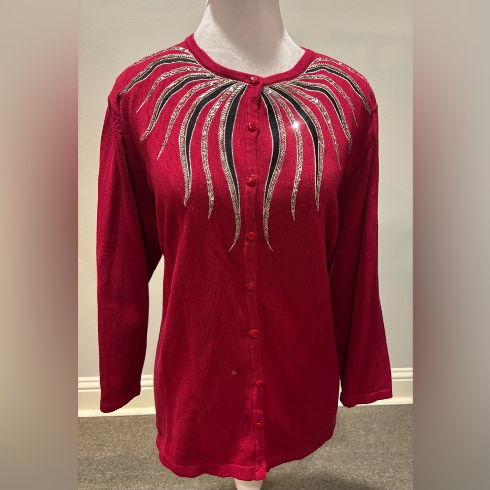 Vintage Bob Mackie Cardigan Wearable Art LARGE Embellish Bead Red XL